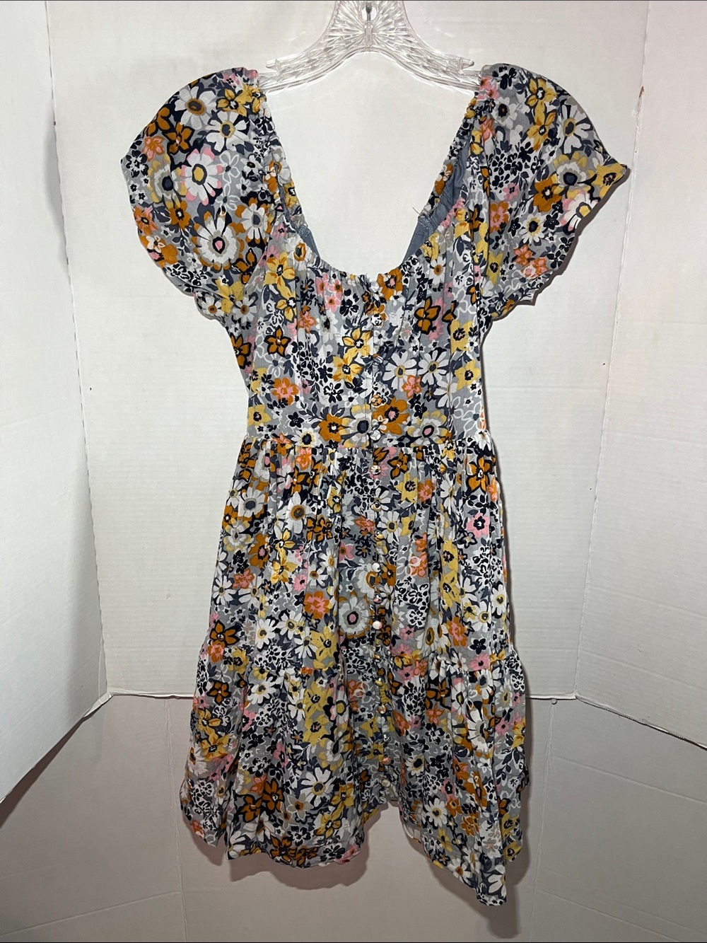 American Eagle Outfitters Yellow, Pink & White Floral Puff Sleeve Midi Dress